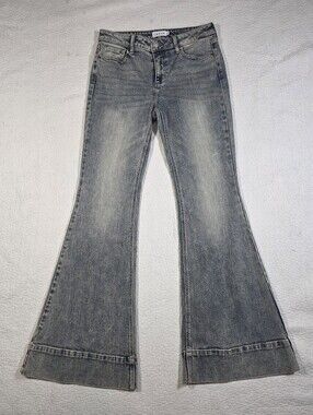 Cello Mid Rise Wide Hem Flare Jeans Washed Gray Denim